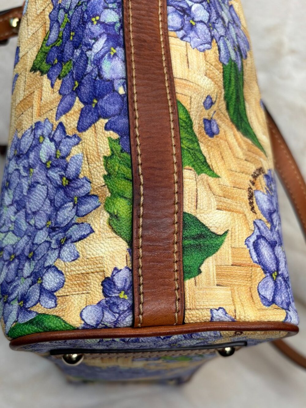Dooney & Bourke Purple Hydrangea With Yellow Basketweave Design Shopper Tote Bag - Picture 11 of 16